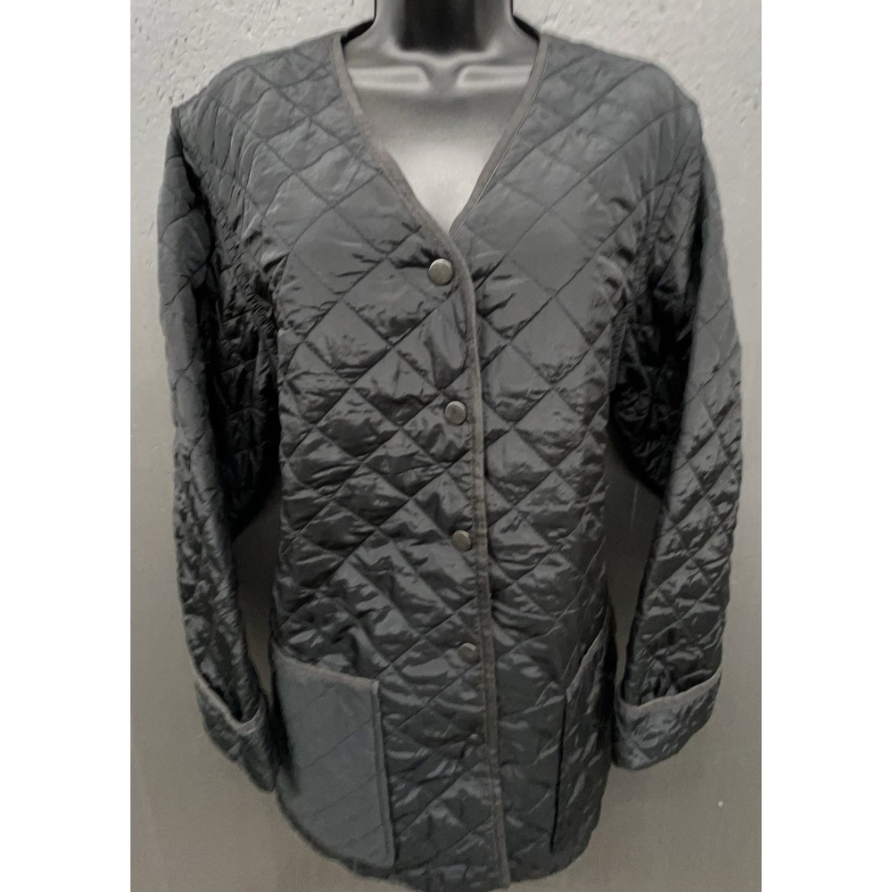 Laura Ashley Quilted Jacket 8 Black‎ Pockets Lightweight V-Neck Snaps Preppy